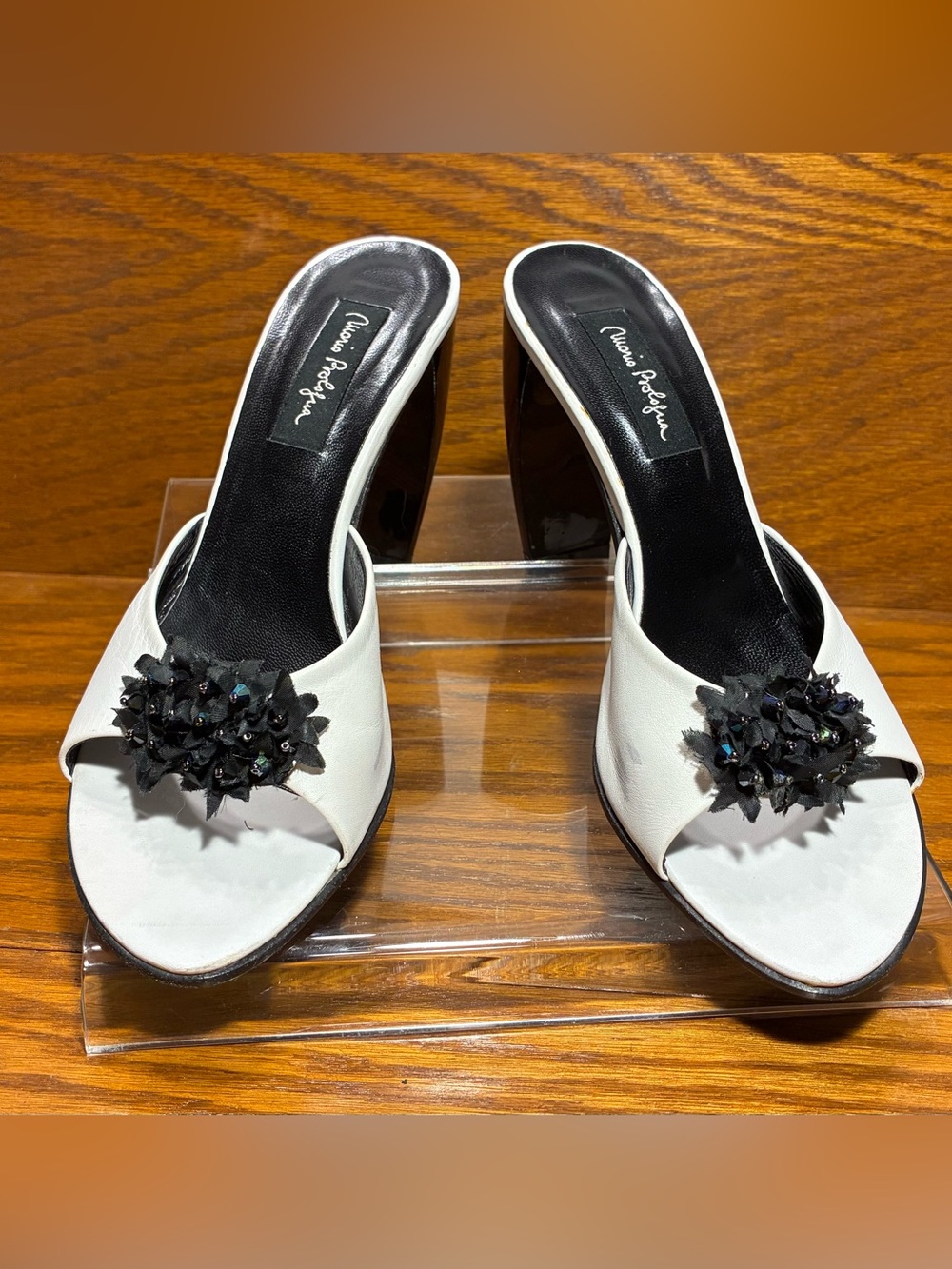 Y2K VTG Mario Prologue ITALY Floral Beaded Slide Heels White Leather EU36.5 US 6